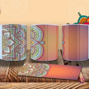 Taza con mandala en colores pastel y degradado naranja-rojizo de fondo, con un estilo orgánico y fluído. Mockup realista.