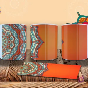 Taza con diseño de mandala en tonos azul y coral sobre un fondo naranja intenso, con un estilo bohemio y geométrico. Mockup.