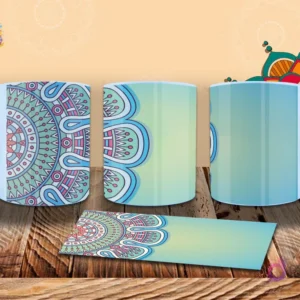 Taza sublimada con un mandala en tonos pastel de rosa y azul sobre un fondo degradado verde azulado, con patrón orgánico.