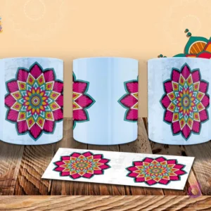 Taza con mandala floral vibrante en fucsia, turquesa y amarillo, centrado en la taza. Patrón detallado y simétrico. Mockup.