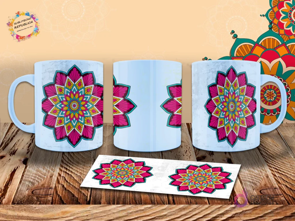 Taza con mandala floral vibrante en fucsia, turquesa y amarillo, centrado en la taza. Patrón detallado y simétrico. Mockup. Taza con mandala floral vibrante en fucsia, turquesa y amarillo, centrado en la taza. Patrón detallado y simétrico. Mockup.