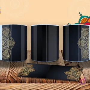Taza con sofisticado diseño de mandala dorado sobre fondo negro, con un borde ornamentado. Elegancia minimalista. Mockup.