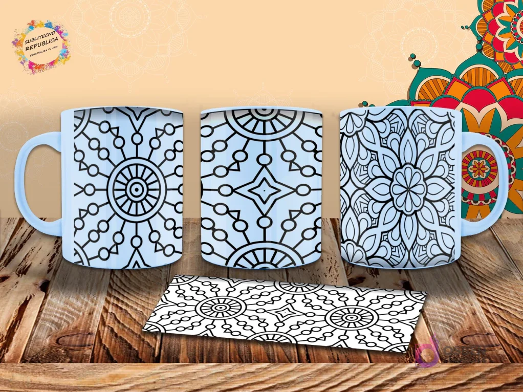 Taza con diseño de mandala floral contorneado en blanco y negro sobre fondo azul claro, con líneas suaves y orgánicas. Mockup. Taza con diseño de mandala floral contorneado en blanco y negro sobre fondo azul claro, con líneas suaves y orgánicas. Mockup.