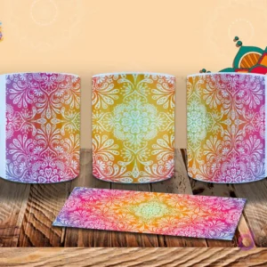 Taza con un patrón de mandala floral blanco intrincado sobre un fondo degradado arcoíris vibrante. Diseño alegre y detallado. Mockup.