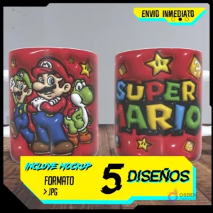Taza sublimada roja con efecto 3D de Mario, Luigi y Yoshi en un lado, y el logo "SUPER MARIO" con estrellas y bloques de interrogación en el otro. La imagen superpone texto "ENVIO INMEDIATO", "INCLUYE MOCKUP", "FORMATO > JPG" y "5 DISEÑOS".