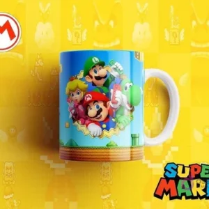 Taza sublimada con Mario, Luigi, Princesa Peach y Yoshi juntos en un escenario de juego con tuberías y nubes, sobre fondo amarillo pixelado y el logo de Super Mario.