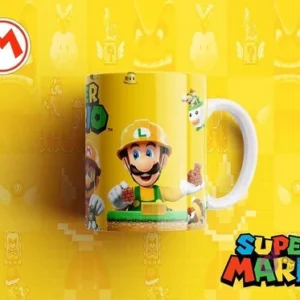 Taza sublimada con Luigi constructor, con casco y bigote, sosteniendo un bloque, sobre fondo amarillo pixelado y el logo de Super Mario.