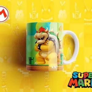 Taza sublimada con Bowser, el gran villano de Mario Bros, con pose desafiante, sobre un escenario de juego con tuberías, fondo amarillo pixelado y el logo de Super Mario.