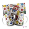 Mugs sublimadas con plantilla Super Mario Galaxy mostrando a Mario volando entre estrellas y power-ups sobre fondo blanco, con la plantilla plana arriba.