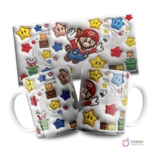 Mugs sublimadas con plantilla Super Mario Galaxy mostrando a Mario volando entre estrellas y power-ups sobre fondo blanco, con la plantilla plana arriba.