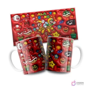 Mugs con diseños Super Mario Galaxy con Mario y Luigi disfrazados de abejas, texto 'Galaxy Gang' y múltiples enemigos y objetos sobre fondo rojo vibrante, con la plantilla plana arriba.