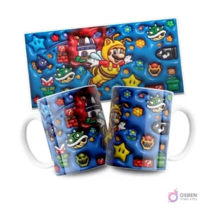 Diseño de sublimación Super Mario Galaxy con Mario disfrazado de abeja volando cerca de un planeta, con estrellas y enemigos sobre fondo azul espacial, con la plantilla plana arriba.