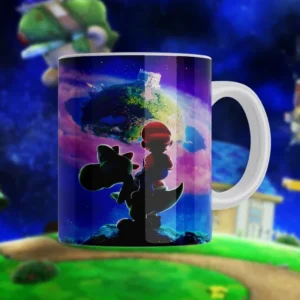 Taza sublimada con silueta de Mario y Yoshi sobre un planeta cósmico de Super Mario Galaxy