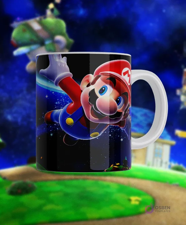 Taza sublimada con diseño de Mario volando con su gorra al viento en el espacio de Super Mario Galaxy Taza sublimada con diseño de Mario volando con su gorra al viento en el espacio de Super Mario Galaxy
