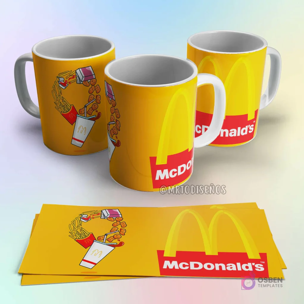 Taza de sublimación McDonald's amarilla con el logo de los arcos dorados y un diseño de papas fritas, nuggets y vaso de bebida Taza de sublimación McDonald's amarilla con el logo de los arcos dorados y un diseño de papas fritas, nuggets y vaso de bebida