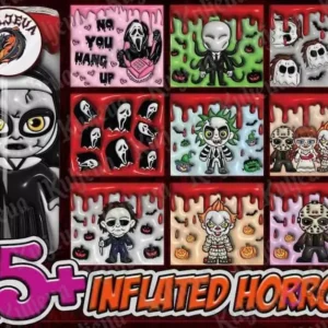 Imagen de tumbler de The Nun y un mosaico de 9 diseños 3D inflados de terror, incluyendo Ghostface, Slender Man, Beetlejuice, Jason, Chucky, Michael Myers, Pennywise y Annabelle.
