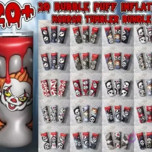 Gran imagen de tumbler de Pennywise y un mosaico de 20+ plantillas de tumblers con diseños 3D inflados de personajes de terror como Chucky, Jason, Michael Myers y Ghostface.