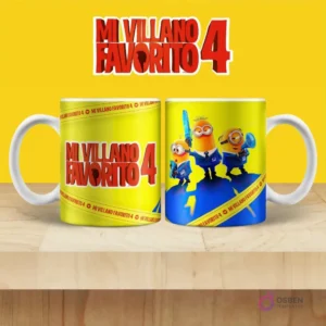Taza de sublimación con tres Minions agentes de Mi Villano Favorito 4 sobre un globo terráqueo