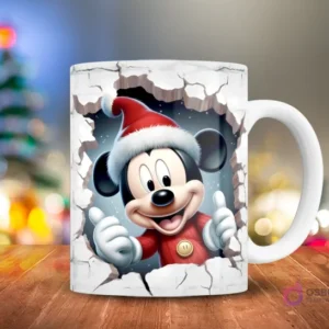 Mickey Mouse festivo con gorro de Santa y pulgares arriba, saliendo de una superficie blanca agrietada 3D, en una taza.