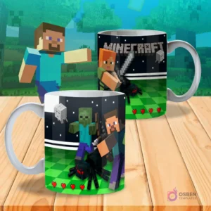 Taza sublimada con diseño de Minecraft, mostrando a Steve, Alex, arañas, fantasmas y corazones sobre un campo verde.