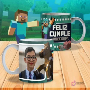 Taza sublimada 'Feliz Cumple Minecraft' con Steve, un caballo y espacio para foto personalizada de un niño.