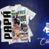 Mockup de camiseta blanca de sublimación con diseño de personajes chibi de Dragon Ball (Piccolo, Goku, Vegeta, Krillin) y textos 'PAPÁ', 'Valiente', 'Fuerte', 'Mi Superhéroe Favorito' para el Día del Padre.