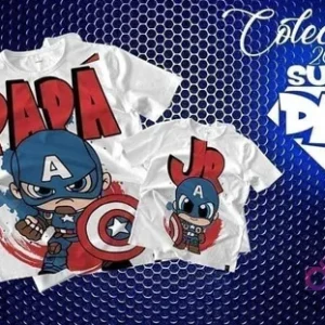 Mockup de camisetas blancas de sublimación (adulto y niño) con diseños chibi de Capitán América y textos 'PAPÁ' y 'JR', ideal para conjuntos de padre e hijo.