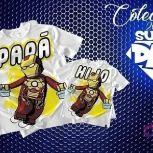 Mockup de camisetas blancas de sublimación (adulto y niño) con diseños chibi de Iron Man en estilo Lego y textos 'PAPÁ' y 'HIJO', para celebrar el Día del Padre.