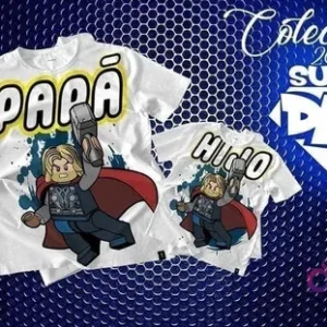 Mockup de camisetas blancas de sublimación (adulto y niño) con diseños chibi de Thor en estilo Lego y textos 'PAPÁ' y 'HIJO', perfectos para el Día del Padre.