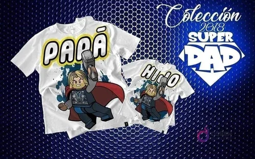 Mockup de camisetas blancas de sublimación (adulto y niño) con diseños chibi de Thor en estilo Lego y textos 'PAPÁ' y 'HIJO', perfectos para el Día del Padre. Mockup de camisetas blancas de sublimación (adulto y niño) con diseños chibi de Thor en estilo Lego y textos 'PAPÁ' y 'HIJO', perfectos para el Día del Padre.