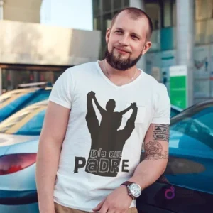 Hombre con barba usando una polera blanca con un diseño de silueta de padre e hijo con la frase 'Día del Padre', mostrando un emotivo regalo.