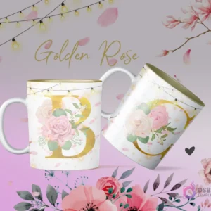 Mockup tazas sublimación iniciales B y C estilo Golden Rose con rosas rosadas y elementos florales