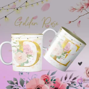 Mockup tazas sublimación iniciales D y E tema Golden Rose, elegantes flores y letras doradas