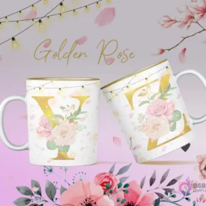 Mockup tazas sublimación iniciales Y y Z diseño Golden Rose, rosas y pétalos, luces decorativas