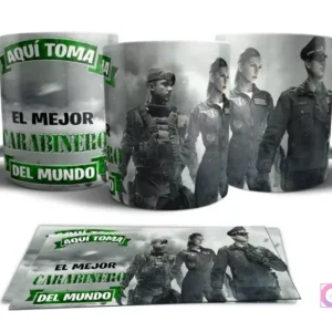 Mockup de tres tazas sublimadas: una con texto 'Aquí toma el mejor Carabinero del mundo', y dos con temática de Fuerzas Especiales, junto a las plantillas planas.
