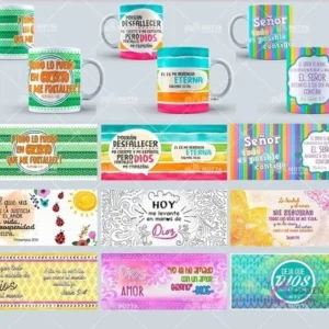 Cuadrícula de mockups de tazas sublimadas con diferentes mensajes cristianos y sus diseños planos correspondientes, destacando la versatilidad de las plantillas
