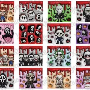Mosaico de 12 diseños cuadrados 3D inflados de personajes de terror como Chucky, fantasmas, Slender Man, The Nun, Ghostface, Michael Myers, Pennywise, Jason y Beetlejuice.