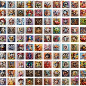 Mosaico de 100+ diseños 3D inflados mostrando una gran variedad de personajes populares como Disney, Pokémon, superhéroes y más, para sublimación.