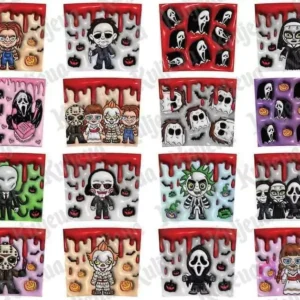 Mosaico de 12 diseños cuadrados 3D inflados de personajes de terror como Chucky, fantasmas, Slender Man, The Nun, Ghostface, Michael Myers, Pennywise, Jason y Beetlejuice.