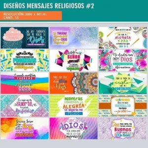 Mosaico de los 15 diseños de plantillas para tazas con mensajes religiosos variados en diferentes estilos y colores, indicando resolución y cantidad.