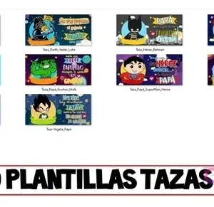 Muestrario de las 10 plantillas de sublimación para tazas del Día del Padre. Presenta los mismos personajes de superhéroes y villanos que los cojines, incluyendo a Darth Vader, Luke, Batman, Iron Man, Goku, Hulk, Superman, Thanos, Thor y Vegeta.