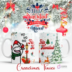 Taza sublimada con diseño del personaje Flork con gorro de Santa, regalos, farol, árbol de Navidad y siluetas de renos.