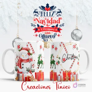 Taza sublimada con diseño de muñeco de nieve con bufanda roja, bastones de caramelo, regalos y galletas de jengibre.