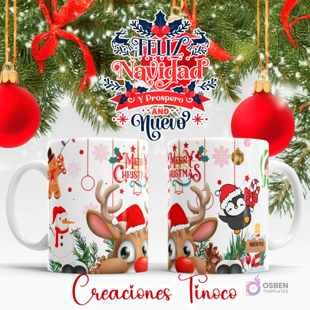 Taza sublimada con diseño de personajes navideños: reno animado, muñeco de nieve, hombre de jengibre y pingüino con gorro de Santa. Taza sublimada con diseño de personajes navideños: reno animado, muñeco de nieve, hombre de jengibre y pingüino con gorro de Santa.