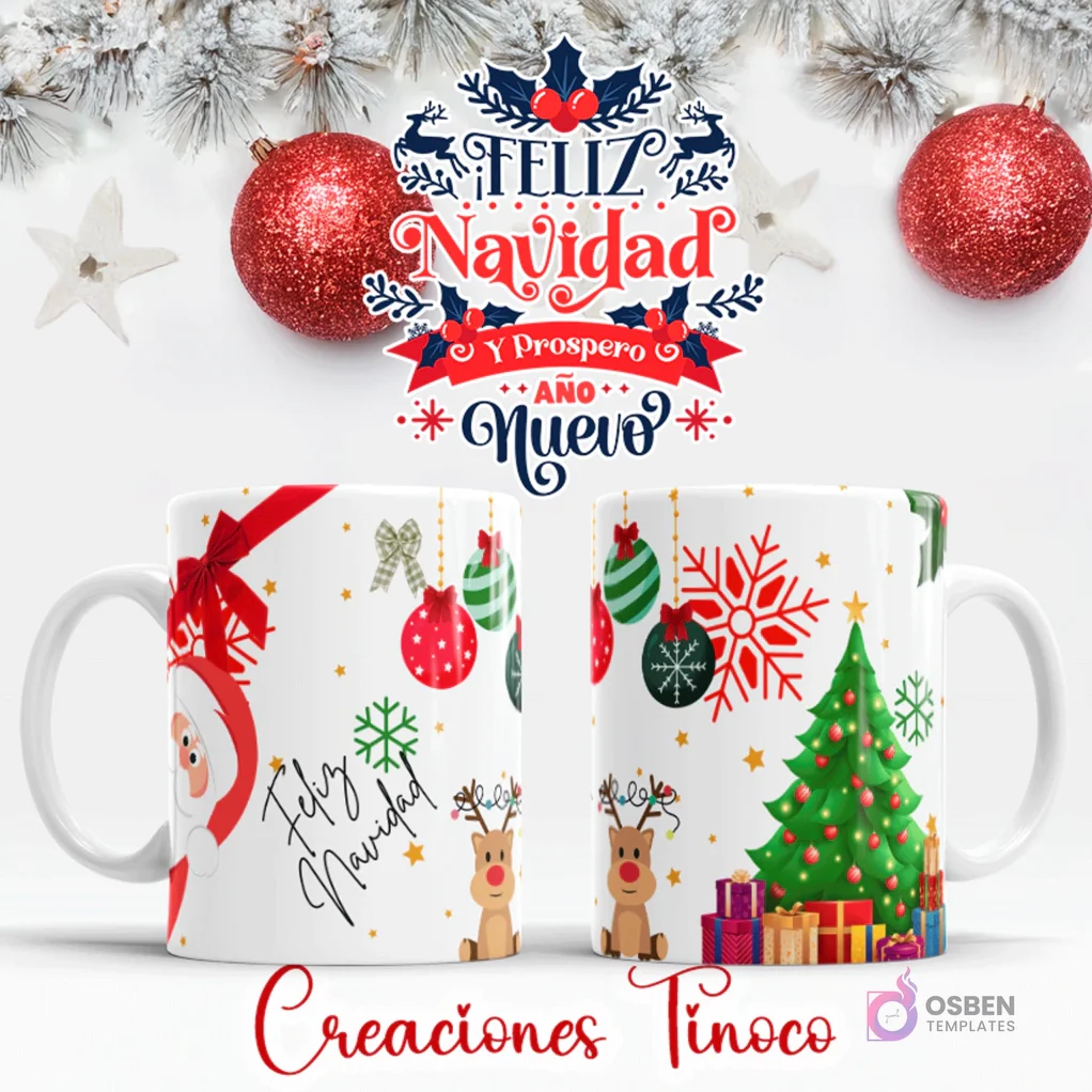 Taza sublimada con diseño de Santa Claus asomándose, árbol de Navidad, regalos, renos, copos de nieve y esferas decorativas. Taza sublimada con diseño de Santa Claus asomándose, árbol de Navidad, regalos, renos, copos de nieve y esferas decorativas.