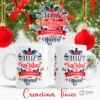 Taza sublimada con diseño navideño de texto 'Feliz Navidad y Próspero Año Nuevo' en azul y rojo, con acebo y lazos festivos.