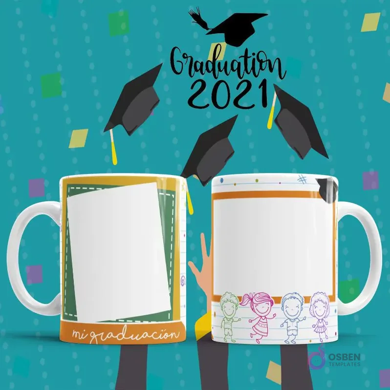 Dos tazas blancas de sublimación con diseño de graduación infantil, fondos temáticos de cuaderno y espacios en blanco para personalización, con niños de caricatura. Dos tazas blancas de sublimación con diseño de graduación infantil, fondos temáticos de cuaderno y espacios en blanco para personalización, con niños de caricatura.