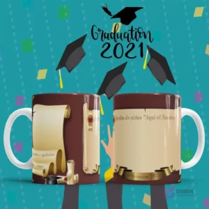 Tazas de sublimación con diseño de pergamino antiguo para graduación, con espacios para nombre, grupo y promoción 2021 de jardín de niños.