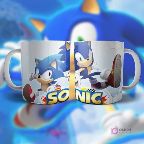 Plantilla para taza de Sonic en diferentes poses de carrera, con el logo del personaje Plantilla para taza de Sonic en diferentes poses de carrera, con el logo del personaje