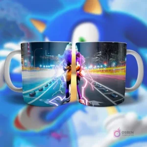 Plantilla para taza de Sonic con efecto de rayo y fondo de ciudad nocturna, estilo dramático
